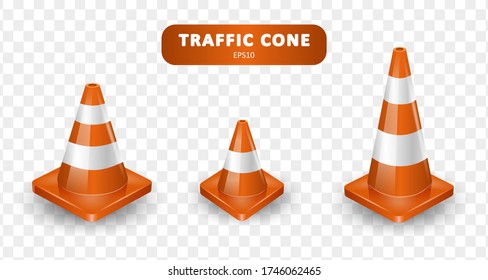 Traffic cones collection. Isometric set of icons for web design isolated on white background. Realistic vector illustration.