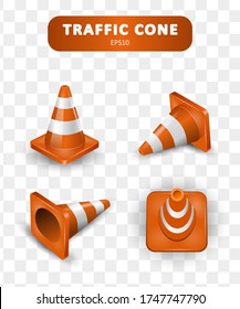 Traffic cones collection. Isometric set of icons for web design isolated on white background. Realistic vector illustration.