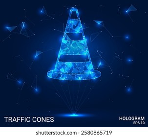Traffic cones hologram. Traffic cones are made of polygons, triangles, dots, and lines. Traffic cones are a low-poly compound structure. Technology concept vector.