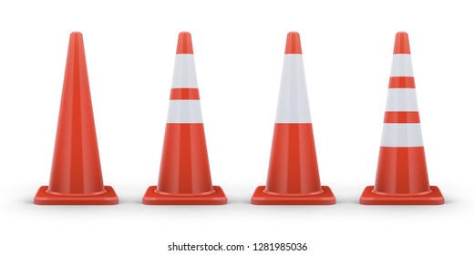 Traffic cones isolated on white or transparent background. Realistic vector illustration. Traditional road safety elements. Road cone with white stripes.