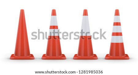 Traffic cones isolated on white or transparent background. Realistic vector illustration. Traditional road safety elements. Road cone with white stripes.