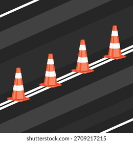 Conos de tráfico en el dibujo del Vector de la carretera.