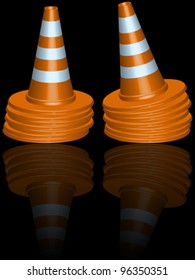 traffic cones piles reflected against black background, abstract vector art illustration
