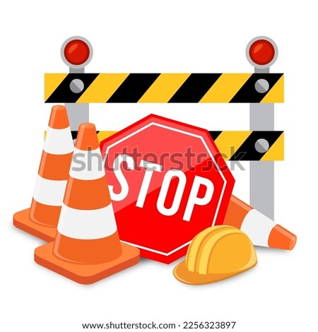 Traffic cones and red stop sign. Road safety and prevention of accidents during road construction.