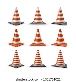 Traffic cones set isolated on white background. Red realistic road plastic cones with white striped. Vector illustration.