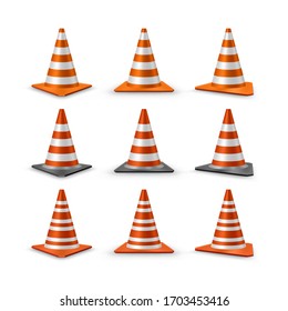 Traffic cones set isolated on white background. Red realistic road plastic cones with white striped. Vector illustration.