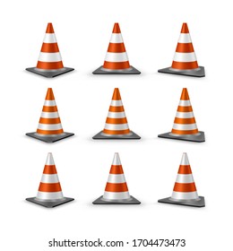 Traffic cones set isolated on white background. Red realistic road plastic cones with white striped. Vector illustration.
