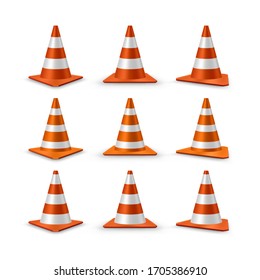 Traffic cones set isolated on white background. Red realistic road plastic cones with white striped. Vector illustration.