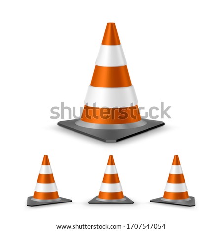 Traffic cones set isolated on white background. Red realistic road plastic cones with white striped. Vector illustration.