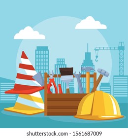 traffic cones with tools box and safety helmet over under construction scenery background, colorful design , vector illustration