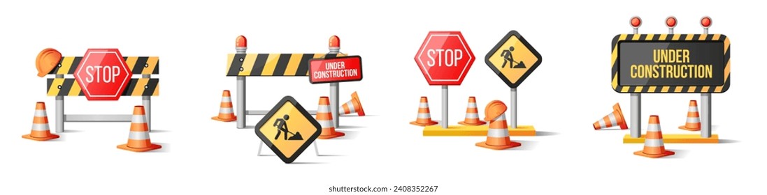 Traffic cones and under construction warning sign.