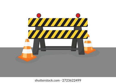 Conos de tráfico y señales de advertencia en construcción. Una zona de construcción está marcada con una señal de seguridad y un cono.