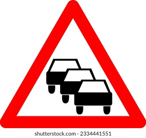 Traffic congestion sign. Warning sign of traffic congestion. Red triangle sign with car silhouette inside. Caution road narrowing. Traffic jam road sign. Traffic queues likely ahead.