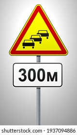 Congestión vehicular. Signo de advertencia temporal en un recipiente metálico con una placa que indique la distancia hasta el inicio del obstáculo. Normas de tráfico y seguridad del tráfico. Ilustración vectorial.