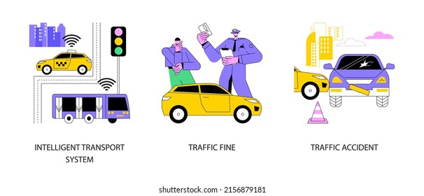 Traffic control abstract concept vector illustration set. Intelligent transport system, traffic fine, road accident, smart driverless car, speed control, driving rules violation abstract metaphor.