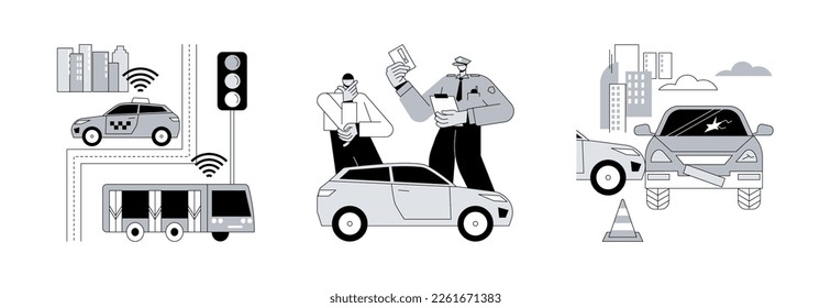 Traffic control abstract concept vector illustration set. Intelligent transport system, traffic fine, road accident, smart driverless car, speed control, driving rules violation abstract metaphor.