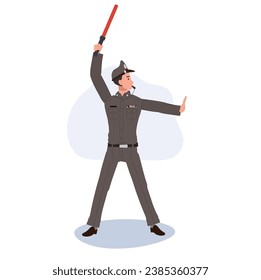 Traffic Control by Thai Policeman . Thai Police Officer in uniform  with Light Baton is doing stop hand sign and blowing Whistle