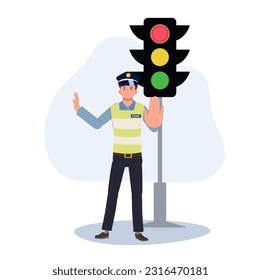 traffic control concept. A traffic police is doing stop hand sign near traffic light. Flat vector cartoon illustration