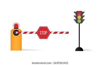 Traffic Control Elements Lights and Car Barrier with Stop Sign. Road safety signs and objects vector art