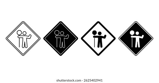 Traffic Control Icons Black and White Diamond Shaped Signs Showing Pedestrian Figures Vector Design