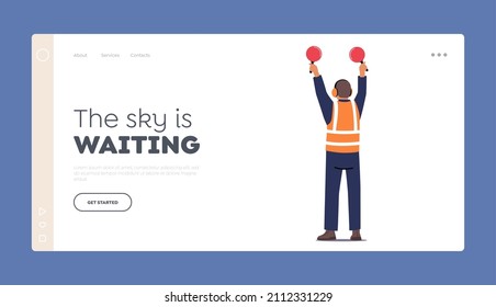 Traffic Control Landing Page Template. Airport Marshaller Male Character with Light Signs Signaling to Plane at Airport Runway. Aircraft Ground Handling, Aviation. Cartoon People Vector Illustration