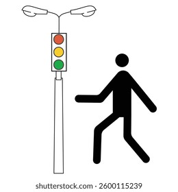 Traffic control light icon. Traffic light icon. A man crosswalk road icon. Red, yellow, green traffic control light icon. Stoplight, navigation, regulation sign, stop. Vector illustration.