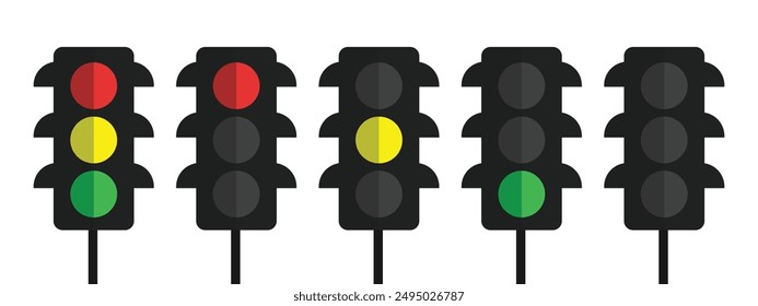 Traffic control light signal sign set collection with red, yellow and green color flat vector illustration