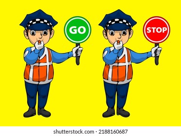 Traffic control officer with stop and go sign, cool cartoon isolated on yellow background suitable for animation, illustration and mascot design.