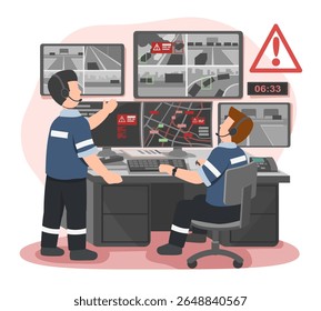 Traffic control operators monitoring road congestion and accident alerts in a command center to manage emergency response and ensure public safety