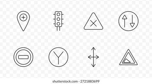 Icono de conjunto de control de tráfico. Los íconos muestran la ubicación, la luz de señal, la restricción, la dirección, las flechas y las Formas triangulares para la regulación de la conducción, la indicación y los símbolos de navegación