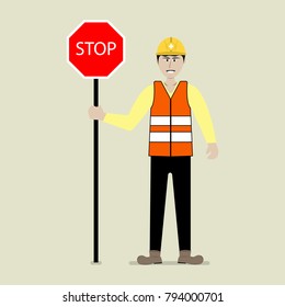 traffic control standing with showing stop sign, cartoon character vector