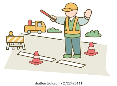 Traffic Control Worker Guiding Vehicles At Road Construction Site With Safety Equipment For Roadwork, Infrastructure Maintenance, Public Safety And Construction Management Concepts