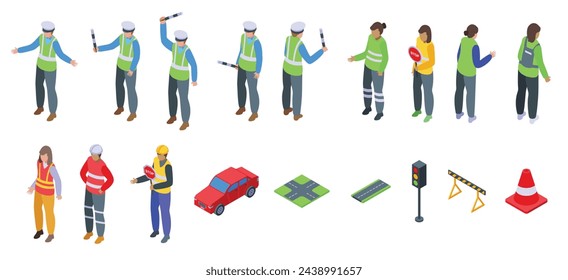 Verkehrs-Controller-Symbole setzen isometrischen Vektor. Verkehrspolizist. Sonderbeauftragter