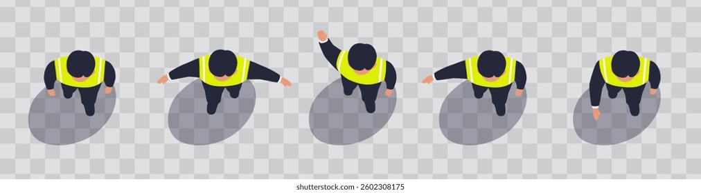 Traffic controller signs. Top view of a policeman in a reflective vest isolated. Gestures for crossing an intersection. View from above. Traffic rules. Driving school test. Vector illustration.
