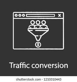 Traffic conversion chalk icon. Sales funnel. Internet marketing strategy. Customer filter. Conversion rate. Lead generation. Isolated vector chalkboard illustration