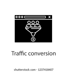 Traffic conversion glyph icon. Sales funnel. Internet marketing strategy. Customer filter. Conversion rate. Lead generation. Silhouette symbol. Negative space. Vector isolated illustration