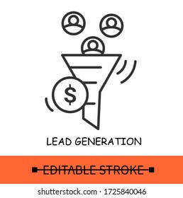 Icono de línea de conversión de tráfico .Concepto de generación de plomo.Estrategia de marketing.Clientes de embudo.Isolación de ilustraciones de negocio de vector lineal.Accionamiento editable
