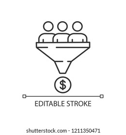 Traffic conversion linear icon. Sales funnel. Thin line illustration. Internet marketing strategy. Customer filter. Conversion rate. Contour symbol. Vector isolated outline drawing. Editable stroke