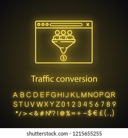 Traffic conversion neon light icon. Sales funnel. Internet marketing. Customer filter. Conversion rate. Lead generation. Glowing sign with alphabet, numbers. Vector isolated illustration