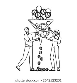otimização de taxa de conversão de tráfego vetor de cro. aumentar vendas, análise de clientes potenciais, experiência do usuário otimização de taxa de conversão de tráfego caractere de cro. ilustração de desenho de lápis de linha preta de pessoas