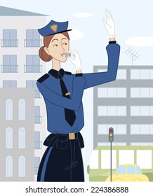 Traffic Cop Directing Traffic. Vector Illustration Cartoon.