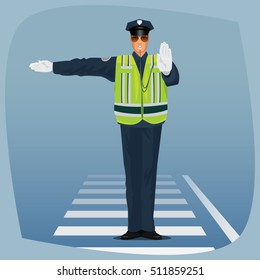 Traffic cop, officer of traffic police, in form of policeman, with high visibility clothing, standing at crossroads and made sign with his hands. Cartoon style. Vector illustration