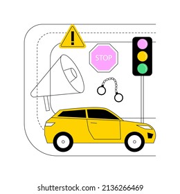 Traffic crime abstract concept vector illustration. Criminal traffic, road crime, car hit and run, under the influence, reckless driving, primary offense, rules violation abstract metaphor.