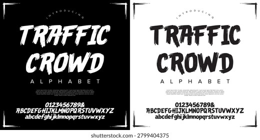 Traffic Crowd Dry Brush Stroke Display Font Alphabet Numbers and Frame Vector Set