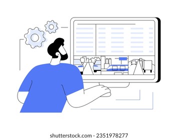 Traffic data abstract concept vector illustration. Worker analyzes traffic data looking at big screen, smart city solutions, IoT idea, Internet of Things, modern technology abstract metaphor.
