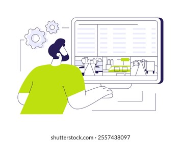 Traffic data abstract concept vector illustration. Worker analyzes traffic data looking at big screen, smart city solutions, IoT idea, Internet of Things, modern technology abstract metaphor.