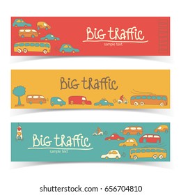 Traffic doodle horizontal banner set with colored cartoon style cars buses and other transport vector illustration