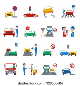 Traffic and driving violation flat icons set isolated vector illustration