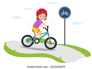 Traffic education. A cute little girl in a helmet rides a bike on a bike path. The concept of safety and compliance with the rules of the road. Bicycle sign and cyclist. Cartoon vector.