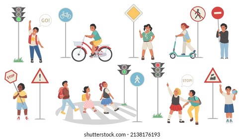 Traffic education, road safety rules for children, flat vector isolated illustration. Boys and girls learning road signs. Cute kids crossing street on crosswalk at traffic light, riding in bike lanes.